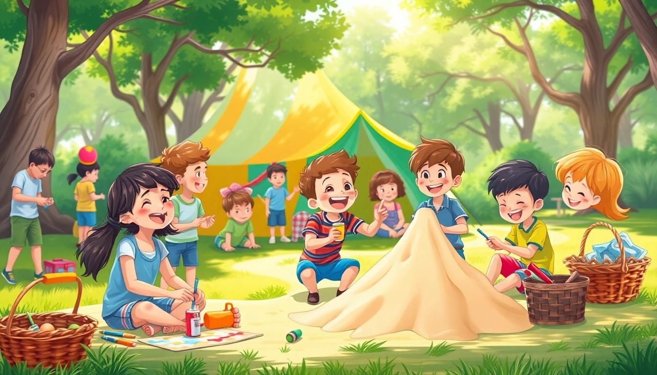 Children enjoying activities at fun Holiday camps with vibrant nature, art, and laughter.