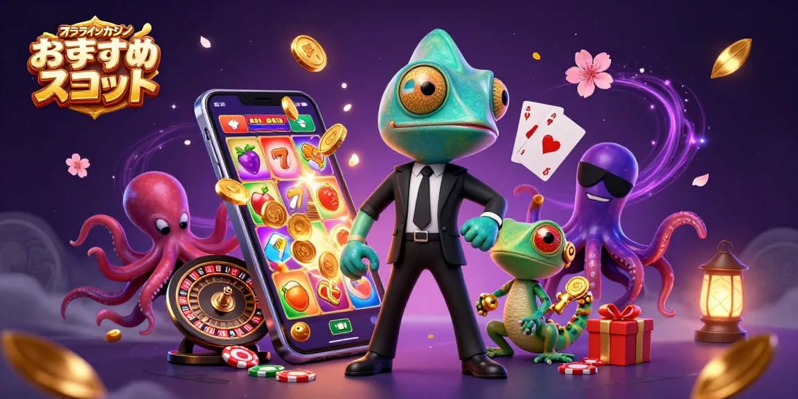 オンラインカジノ おすすめ スロットのスロットゲームで楽しむカラフルなキャラクターとゲーム要素のイラスト