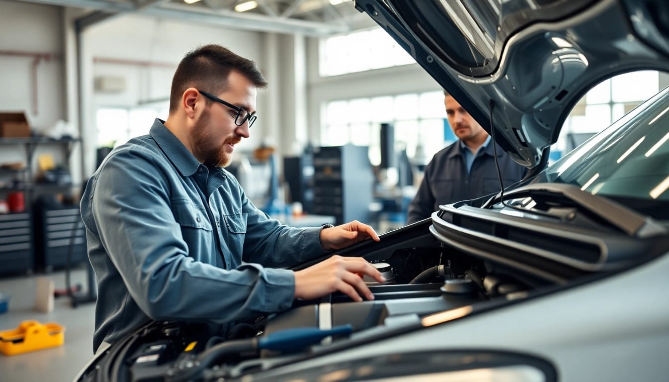 Discussing bumper to bumper extended warranty coverage with a mechanic in a modern workshop.