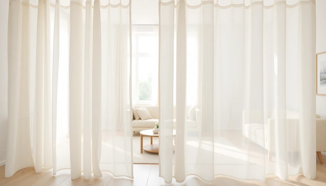 Schitterende voile stof gordijnen die een moderne woonkamer verfraaien met zachte lichten