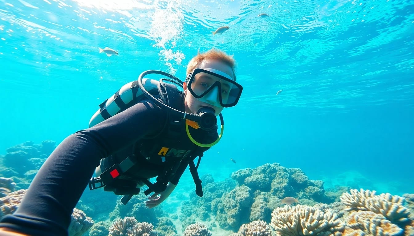Erfahrene Taucher bei SSI Kurse unter Wasser, umgeben von bunten Korallen und Fischen.
