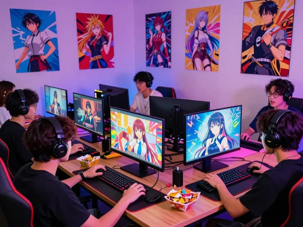 Friends playing porn games together on devices in a vibrant gaming room.