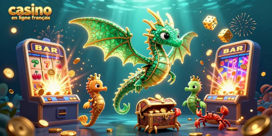 Découvrez le casino en ligne français avec une scène animée de dragon et de crabe autour d'une machine à sous.