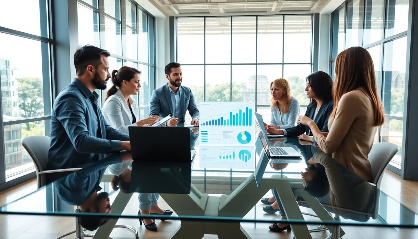Illustration of business team engaging in growth strategy trends discussion with charts and laptops.