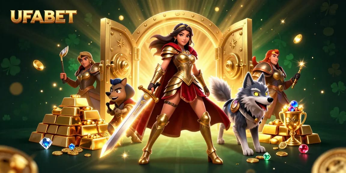 Engage with UFABET's vibrant gaming scene featuring a warrior queen, treasure vaults, and dazzling gold elements.