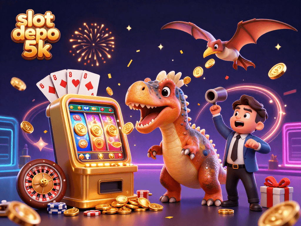 Experience thrilling wins at slot depo 5k with colorful slot games, golden coins, and vibrant casino action.