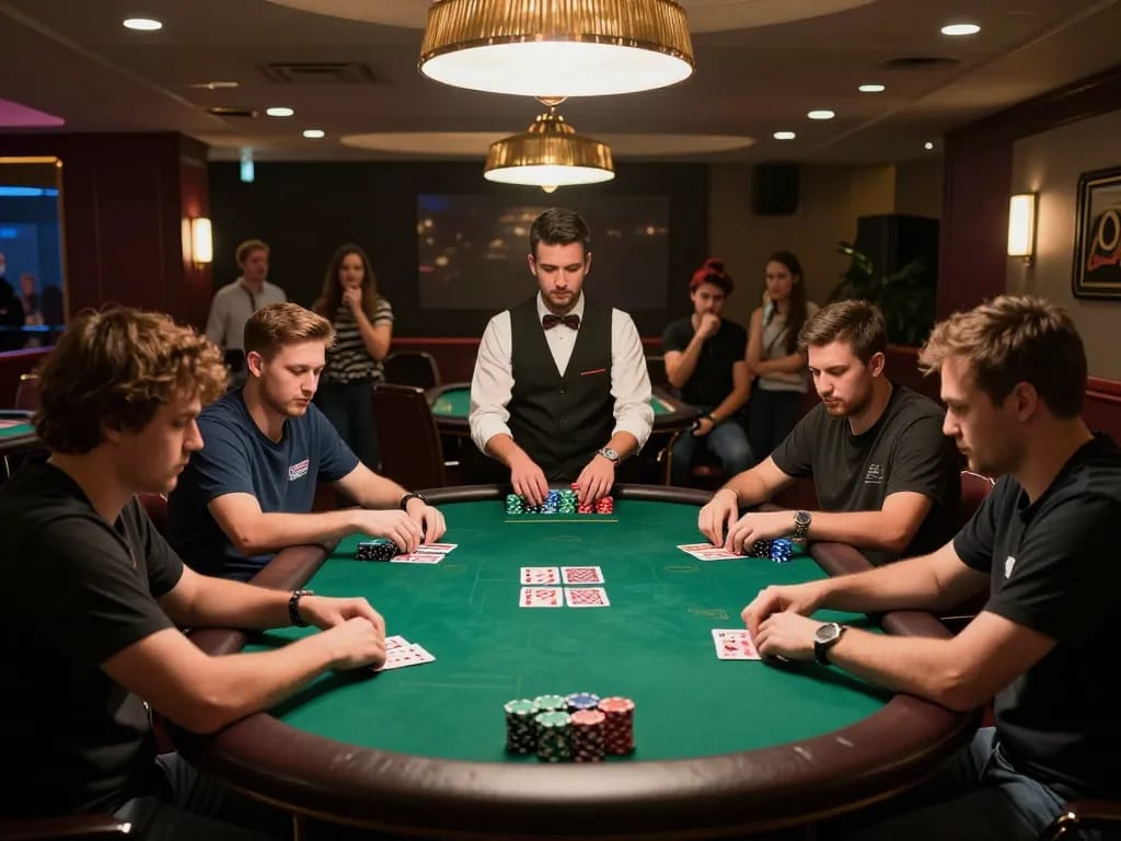 Engaged players at a poker table in a hidden wiki tor environment, showcasing strategic gameplay and tension.