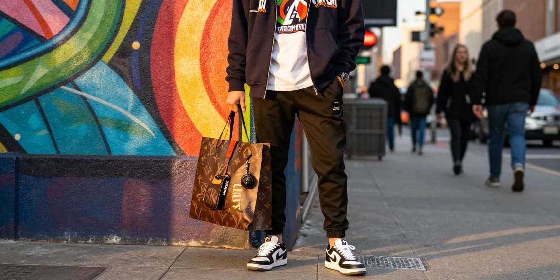 Fashionable individual showcasing stylish 레플리카 accessories in a vibrant urban setting.