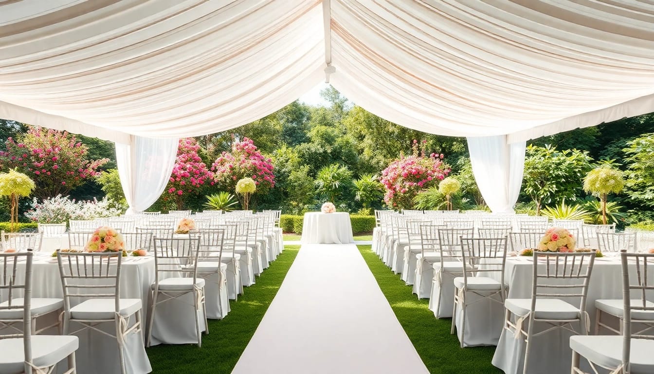 Beautiful wedding tent chair & table rentals arranged in a lush garden setting.