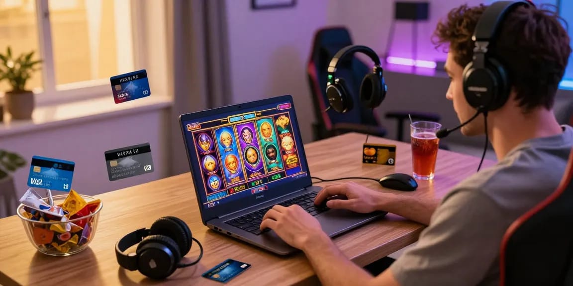 Exciting gaming experience at credit card casinos on https://maic.org.uk with vibrant slot games and a player using credit cards.