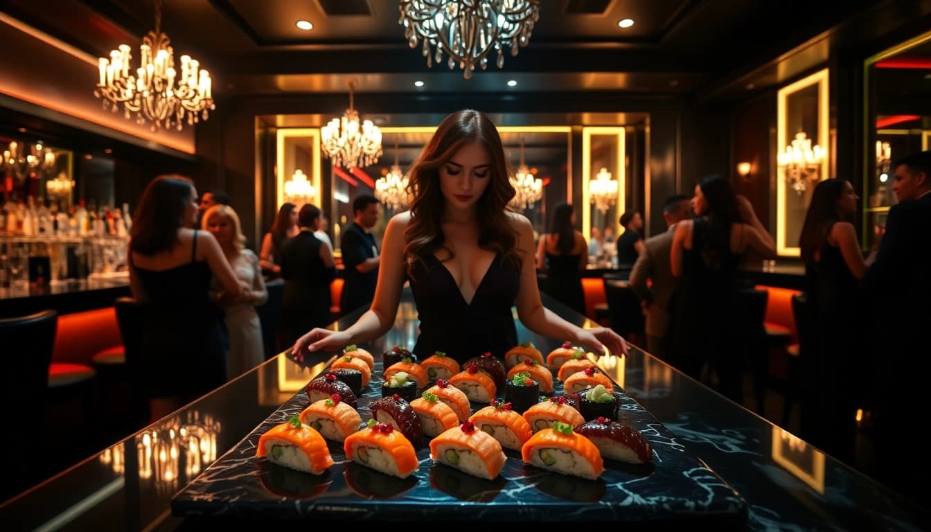 Body sushi delicately arranged on a model at Club Noir, St Martin's premier nightlife venue.