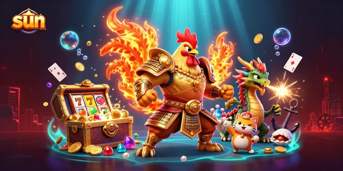 Engage with thrilling casino action as the sun shines on vibrant slot games and animated characters.