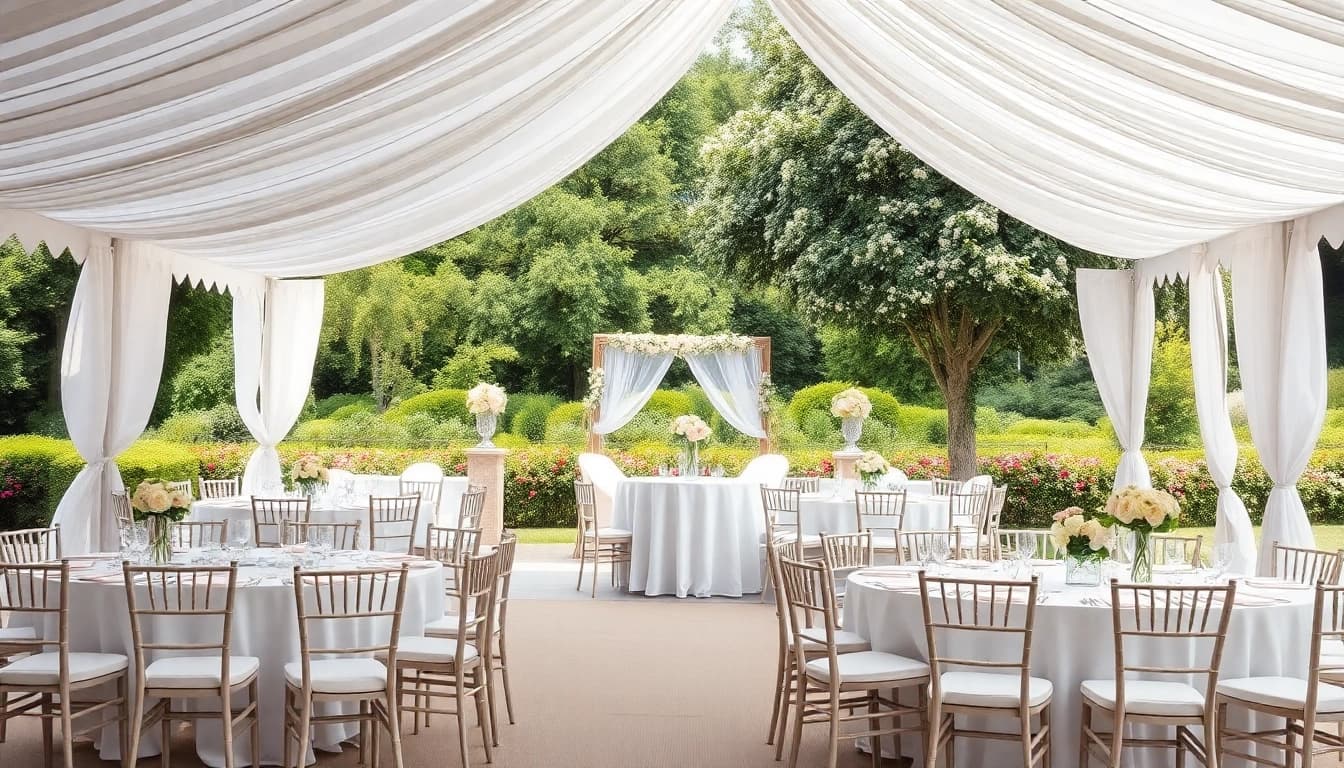 Experience exquisite Wedding Tent Chair & Table Rentals in a beautifully arranged outdoor setting.