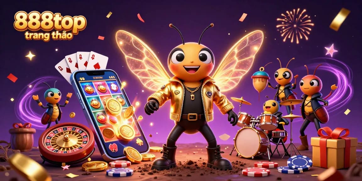 Unleash excitement at 888top trang chủ with a vibrant casino scene featuring colorful slot games.