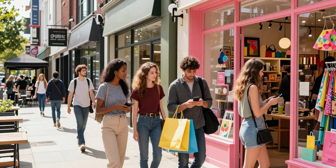 Urban shopping scene with friends exploring stores while using https://forumup.org/shop/search.php?ca_id=&addr1=&addr2=&addr3=&schKeyword= for price comparison.