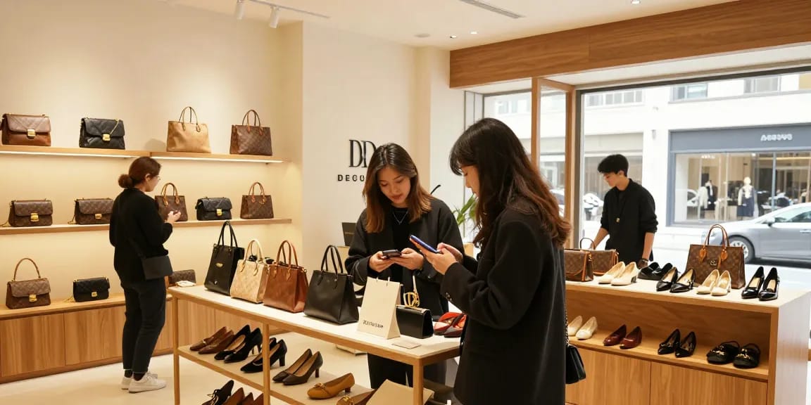 Browsing high-quality 레플리카 쇼핑몰 items in a modern boutique.