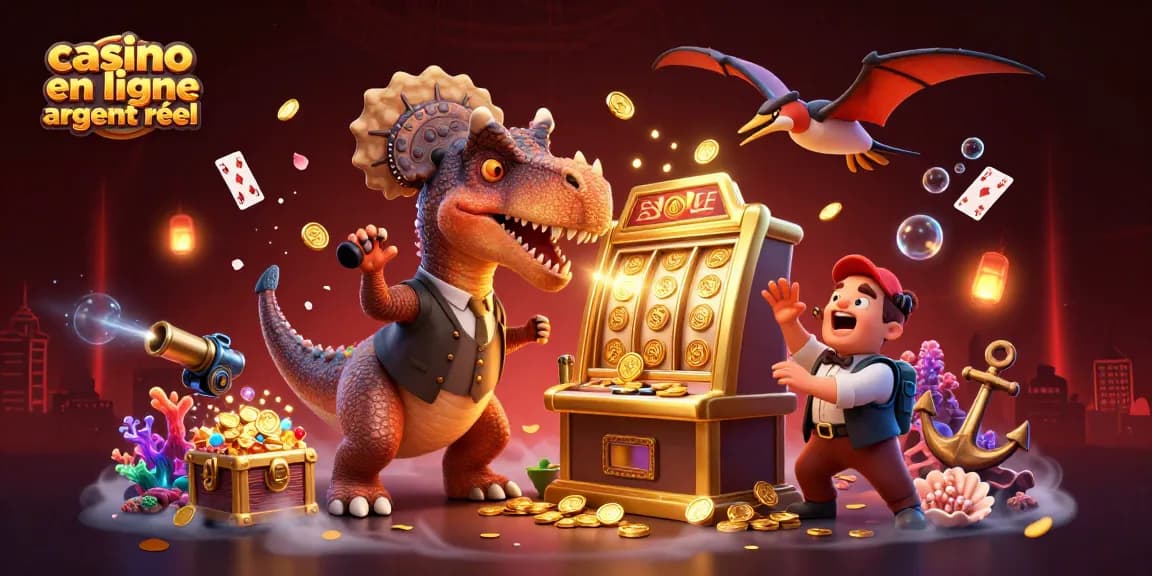 Machine à sous dorée avec des personnages de casino en ligne argent réel attrapant des pièces d'or volantes.