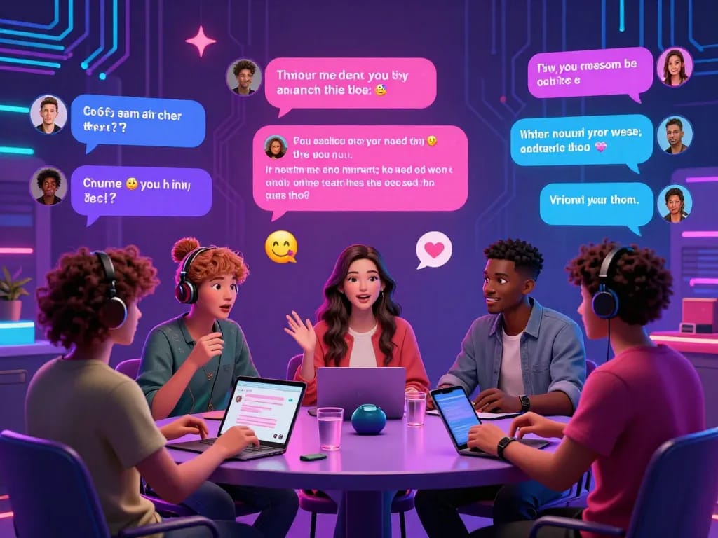 Dynamic chat room scene showcasing engaging porn AI chat interactions with diverse avatars.