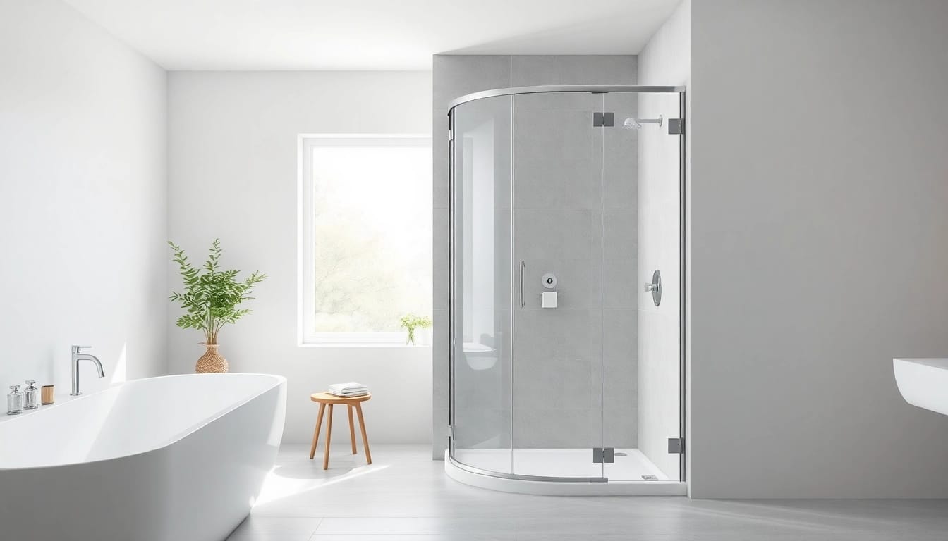 Elegant corner shower screen frameless enhancing modern bathroom design with bright natural lighting.