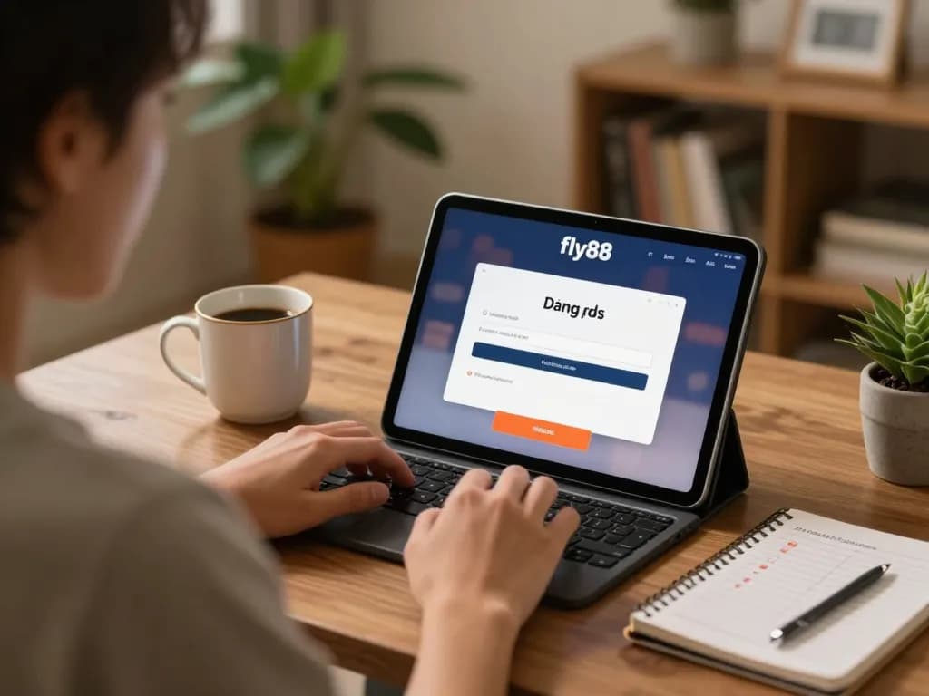 Person using fly88 đăng nhập on tablet in cozy home setting, showcasing responsible gaming