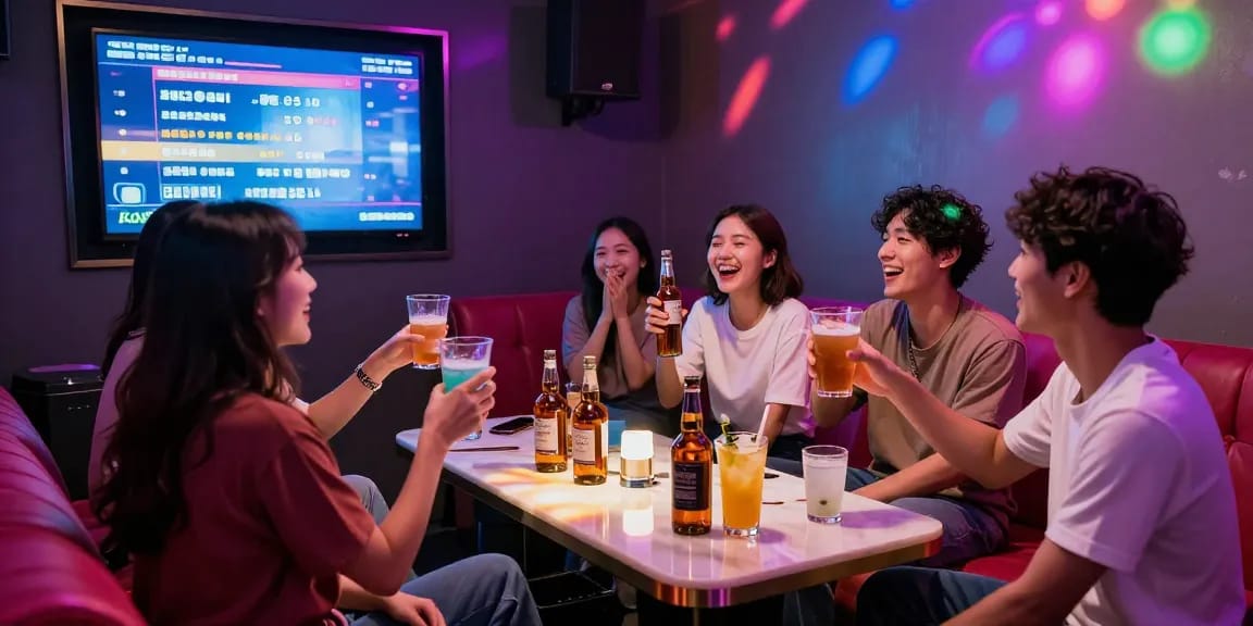 Experience the lively atmosphere at https://www.magic4karaoke.com/ with friends enjoying karaoke and whiskey in Jeju Island's nightlife.