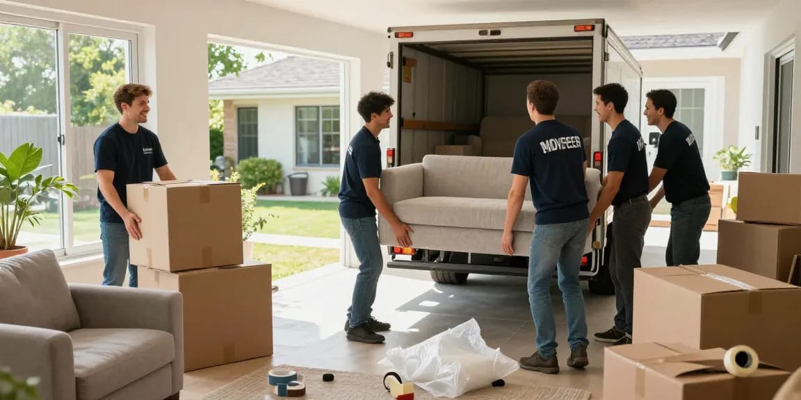 Professional movers efficiently handling boxes and furniture, showcasing reliable moving services in venice.