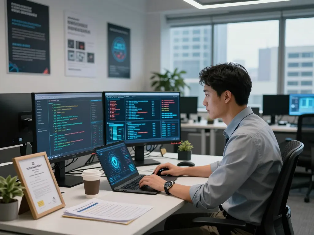 Cybersecurity analyst at work monitoring threats for safe access at https://shs-dome5.com/ in a modern office.