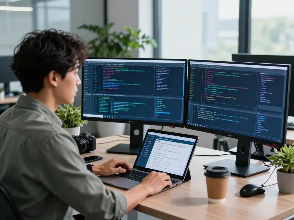 Cybersecurity analyst at work reviewing protocols for safe access at https://shs-dome5.com/ with modern equipment and natural light.