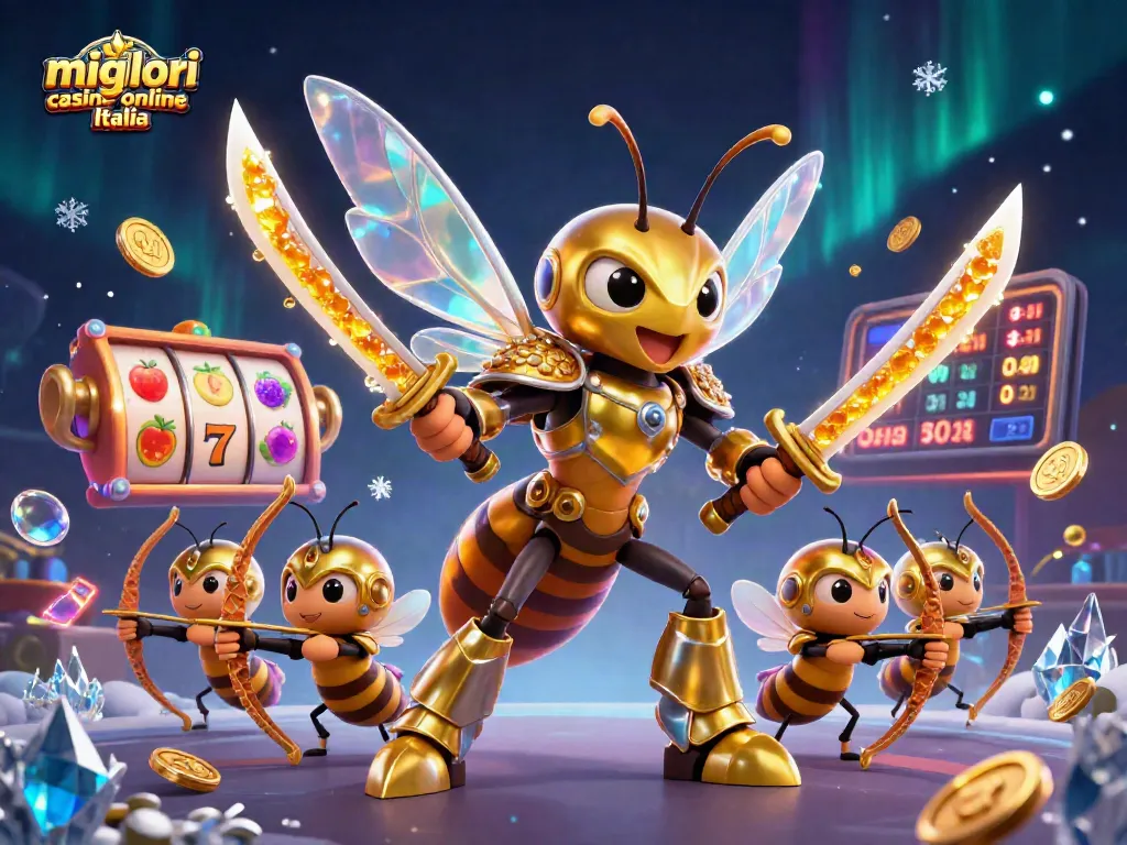 I migliori casino online Italia presentano una scena vivace con un'ape gigante samurai e slot machine.