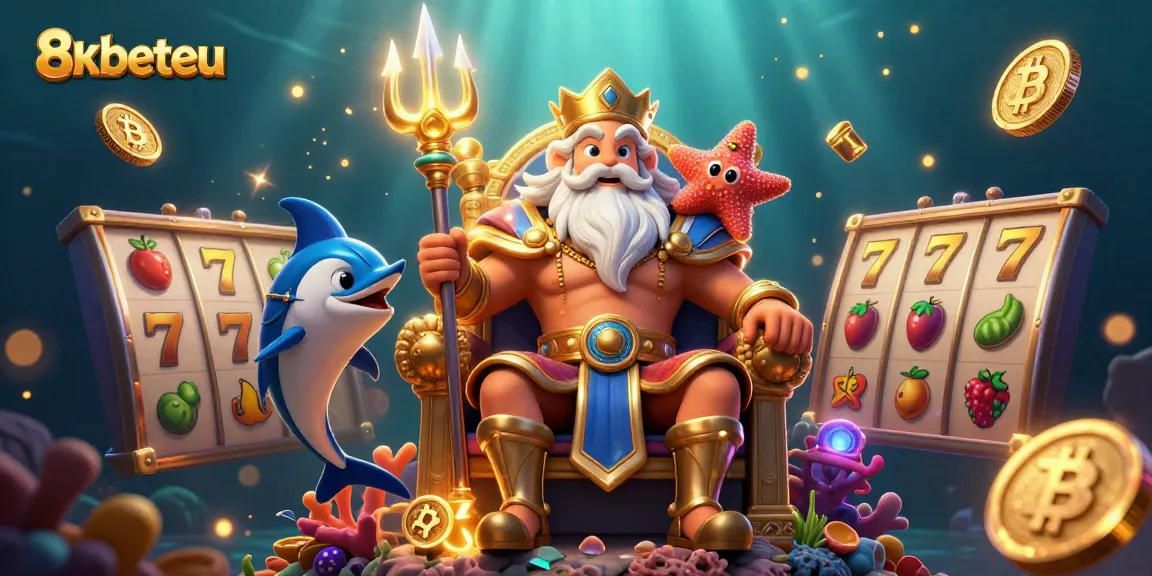 Experience the excitement of 8xbeteu with visuals of slot reels, glowing coins, and Neptune.