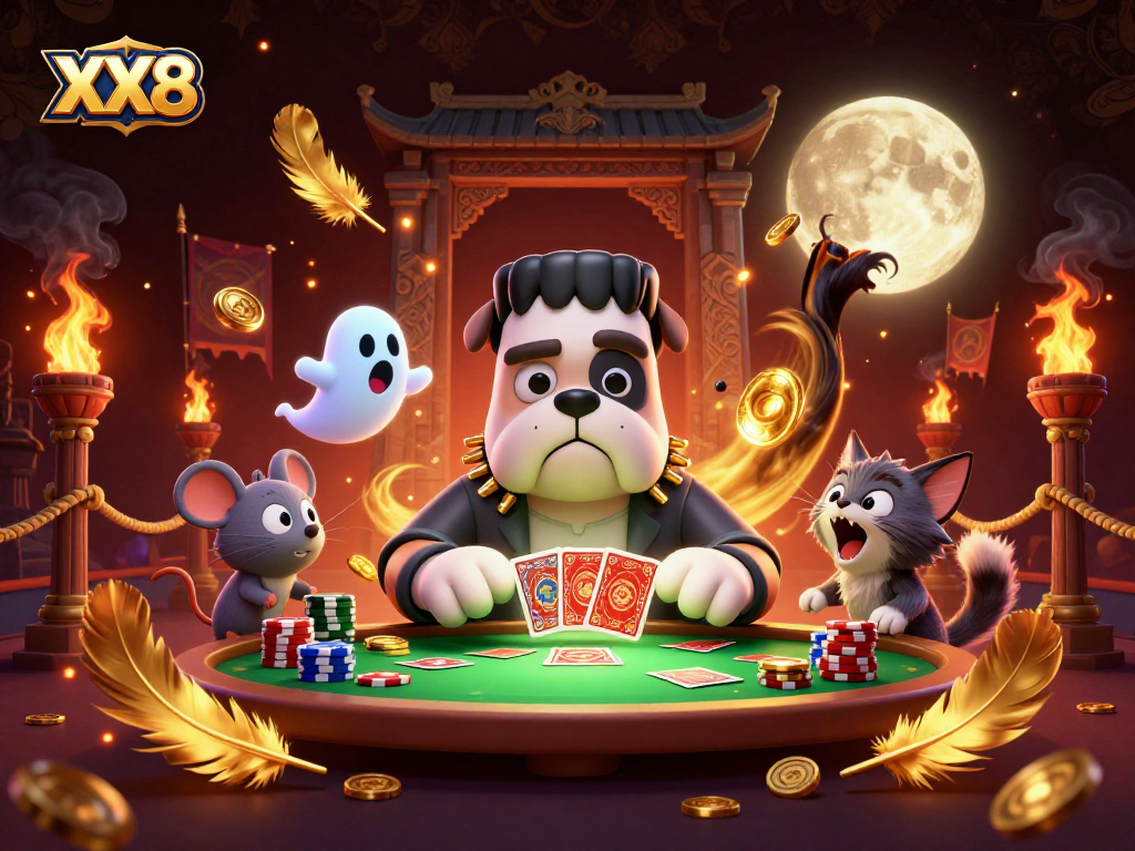 Experience the thrill of XX8 with a Frankenstein bulldog dealing cards in a vibrant casino scene.