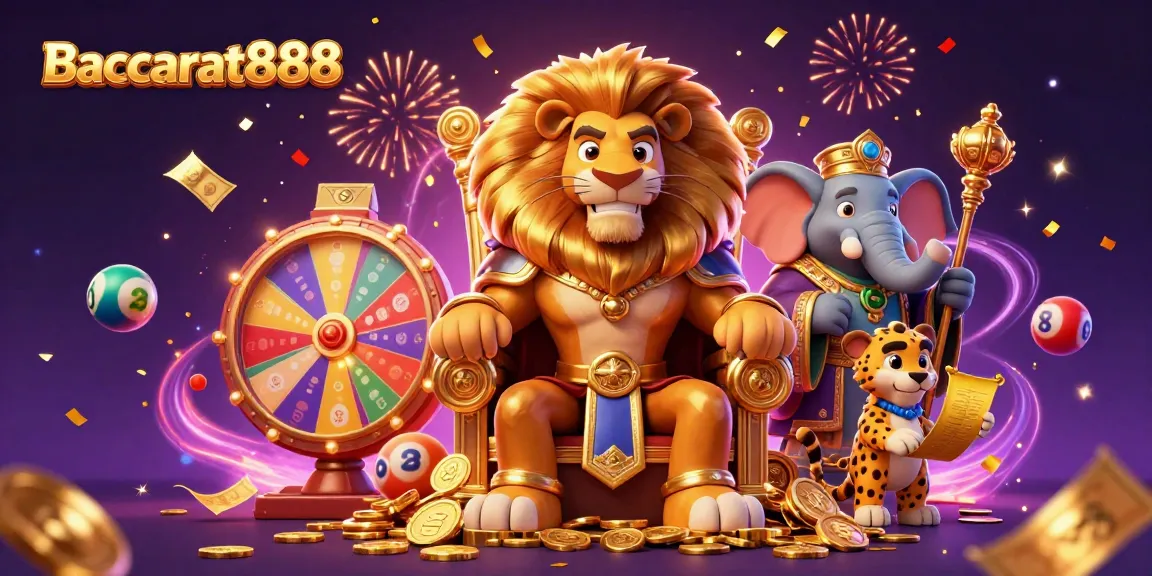 Experience Baccarat888 with a lively 3D casino scene showcasing vibrant lottery elements and engaging characters.