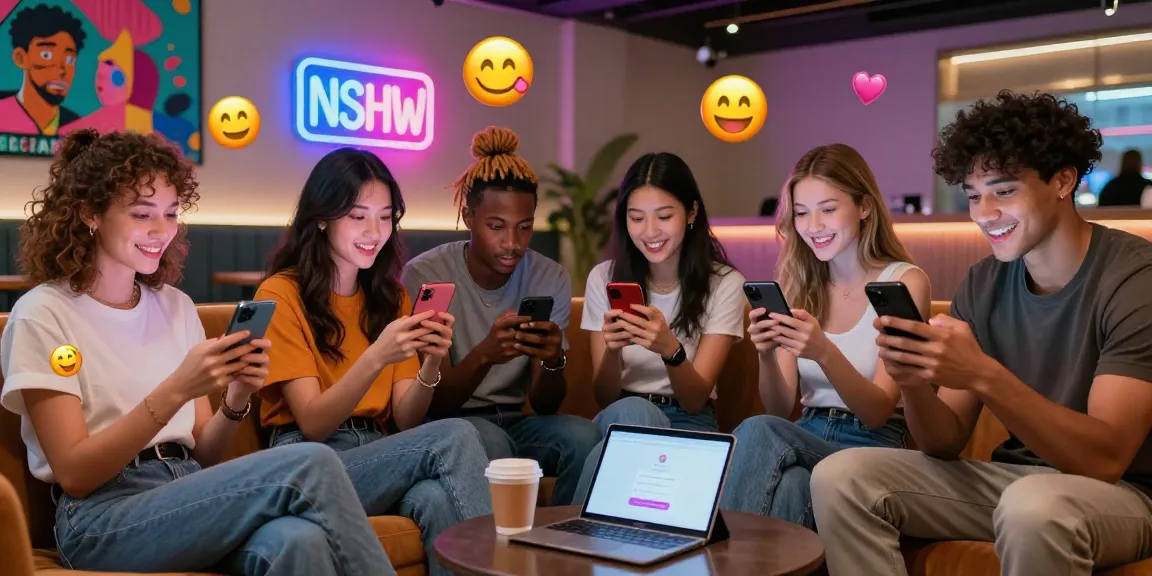 Engaged users enjoying NSFW AI chat conversations in a vibrant lounge setting, showcasing playful interactions and digital art.