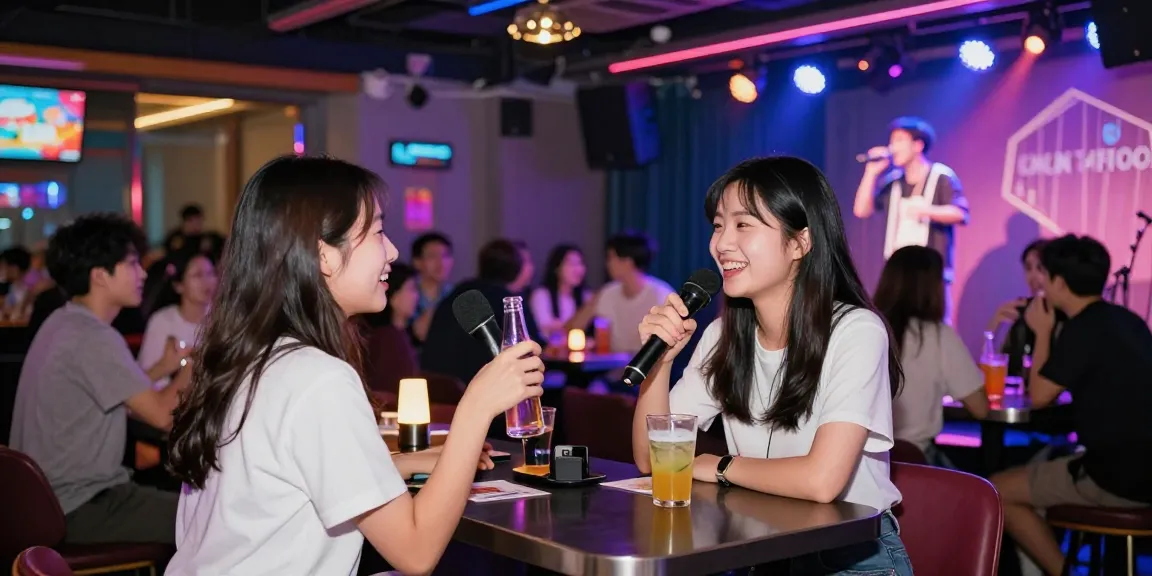밤알바란을 주제로 노래방에서 고객과 즐겁게 소통하는 젊은 여성의 모습