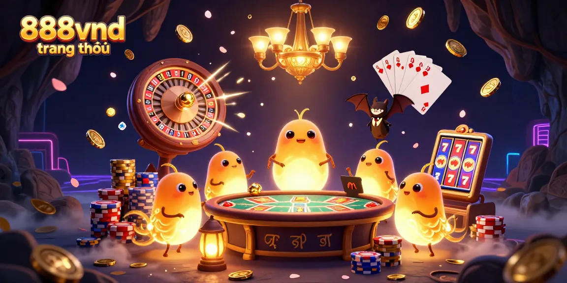 Experience the excitement at 888vnd trang chủ casino, with glowing glowworms illuminating a vibrant gaming scene filled with action.