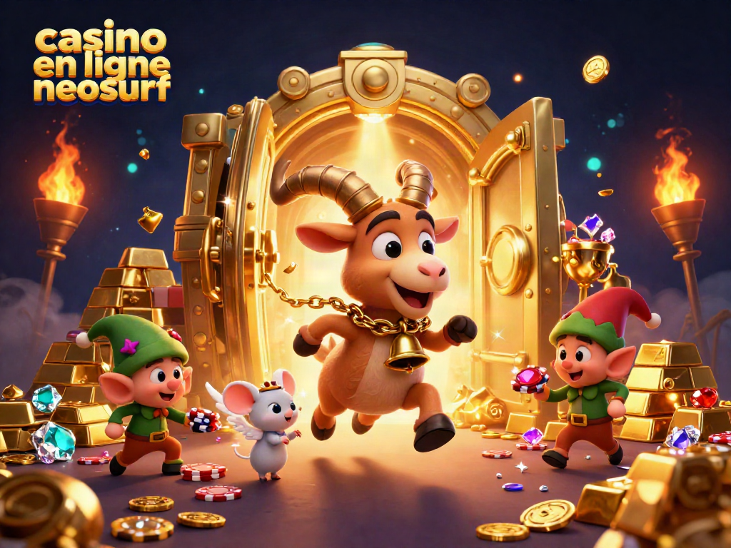 Jouer au casino en ligne Neosurf avec des personnages festifs entourés de trésors et de joyaux.