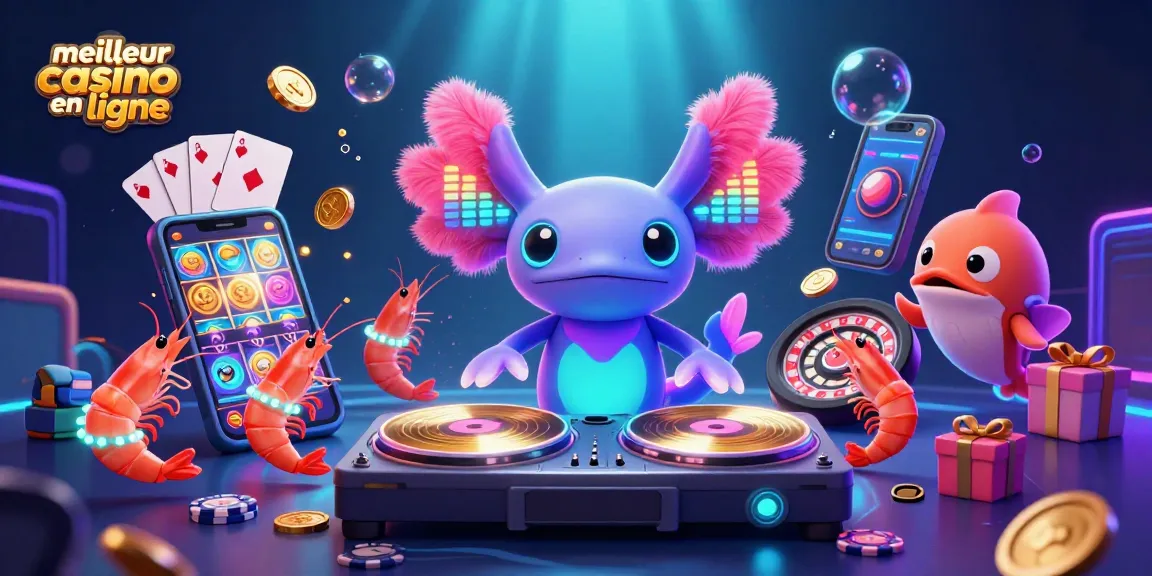 Jouez dans le meilleur casino en ligne avec cet univers coloré représentant un DJ axolotl aux côtés de crevettes dansantes.