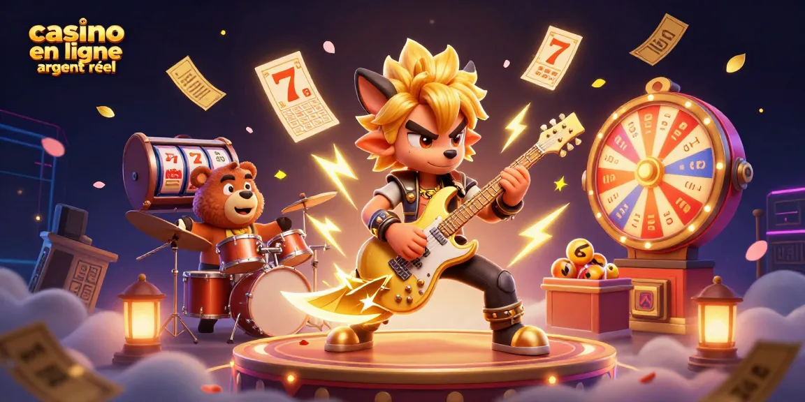 Animation dynamique sur le casino en ligne argent réel avec un loup rock star et un ours batteur, entourés de jeux de machine à sous et d'effets dorés.