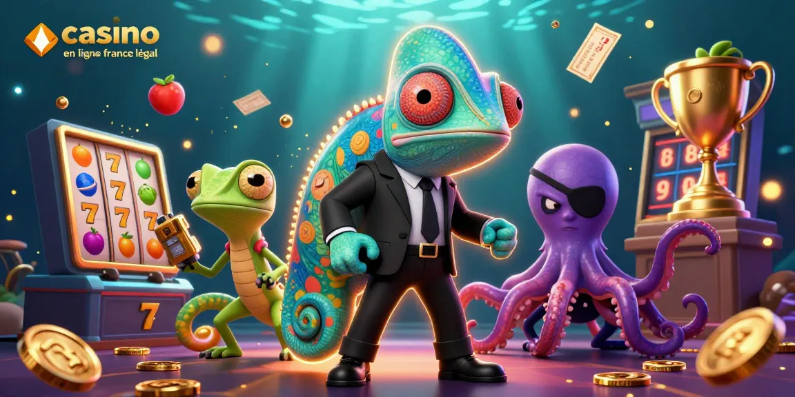 Illustration dynamique de casino en ligne France légal avec un caméléon agent secret et un gecko technologique.