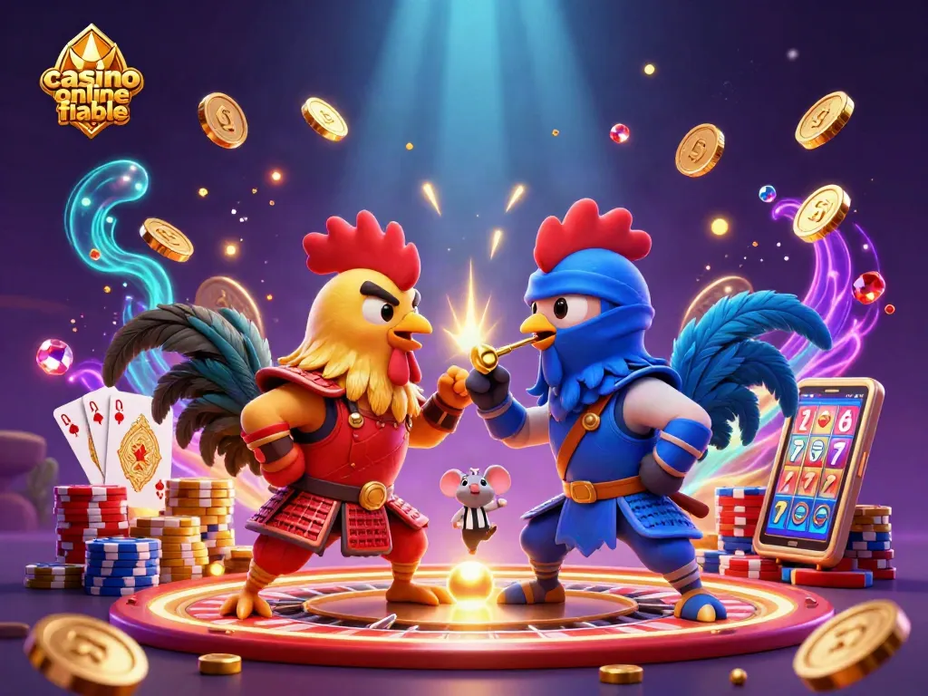 Los gallos de casino online fiable luchan en un entorno lleno de monedas y ruletas.