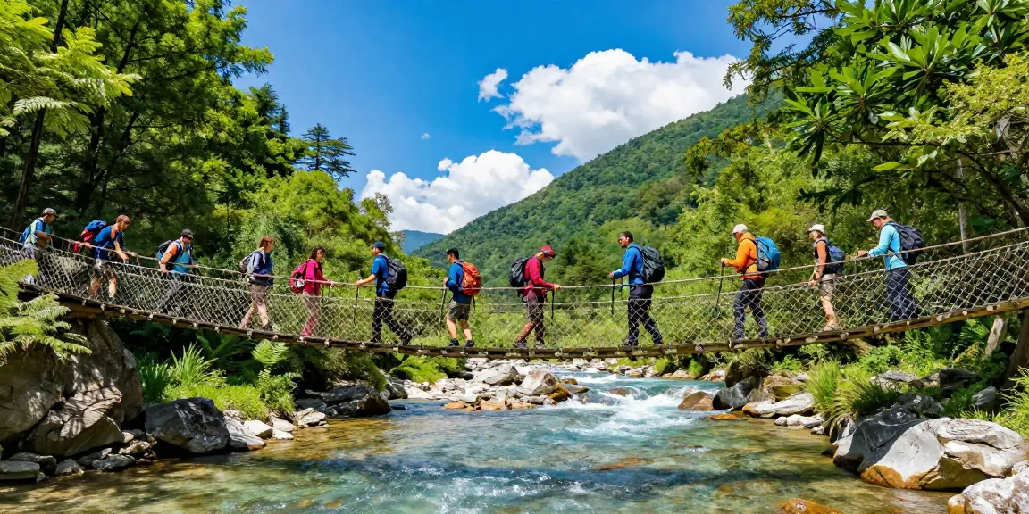 Hikers crossing a stunning river rope bridge, showcasing outdoor adventure in nature.