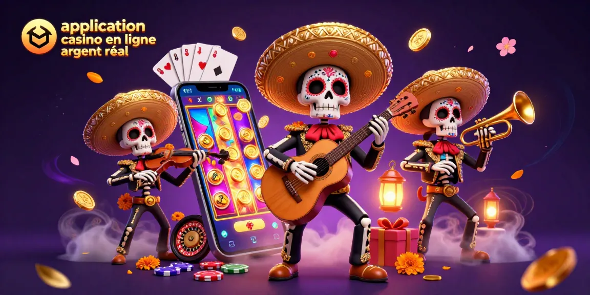 Application casino en ligne argent réel illustrant une scène vibrante avec des personnages mariachis et des éléments de jeu.