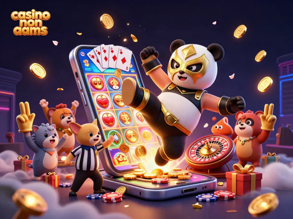 Il panda wrestler in maschera d'oro si lancia in calcione nei casinò non AAMS, circondato da giochi e spettatori animali.