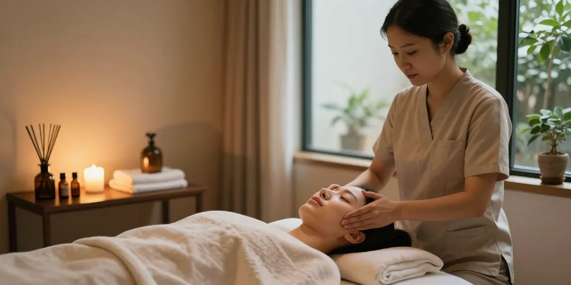Relaxing 1인샵 massage experience with therapist performing facial treatment in a serene studio.