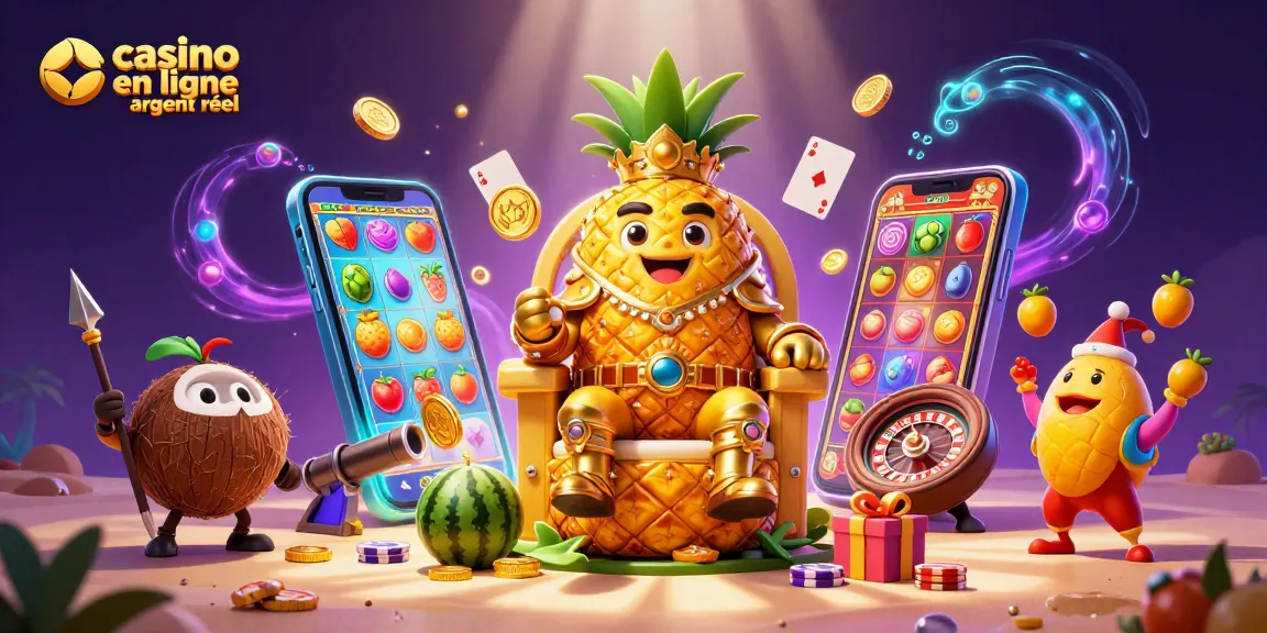 Vivez l'expérience du casino en ligne argent réel avec le roi ananas doré et son entourage sur une plage de jeux.