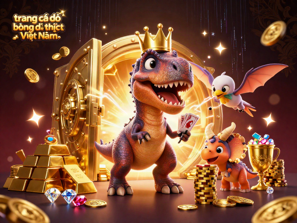 trang cá độ bóng đá uy tín nhất Việt Nam, chú khủng long T-Rex háo hức xếp bài trong bối cảnh casino lấp lánh