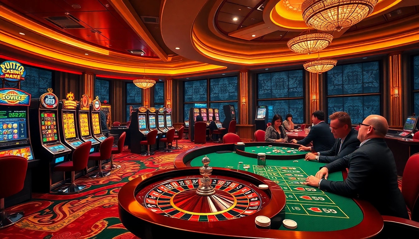 Adegan kasino yang menarik dengan mesin slot berwarna-warni dan pemain poker yang menggunakan Depo 5k untuk pengalaman yang mendebarkan.
