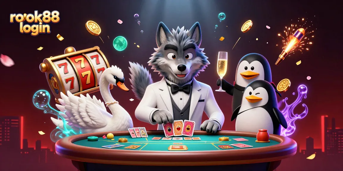 Engage with the rokok88 login at a lively baccarat table featuring a debonair wolf, elegant swan, and penguin sommelier