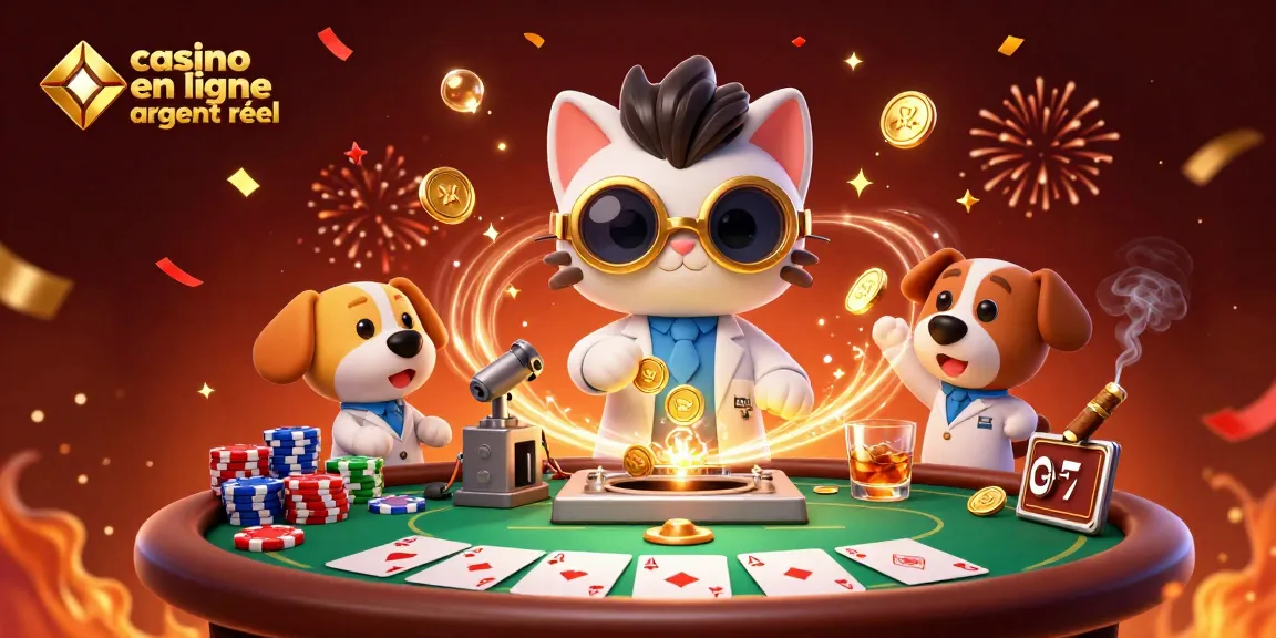 Jouez dans un casino en ligne argent réel avec une illustration dynamique de personnages de jeux.