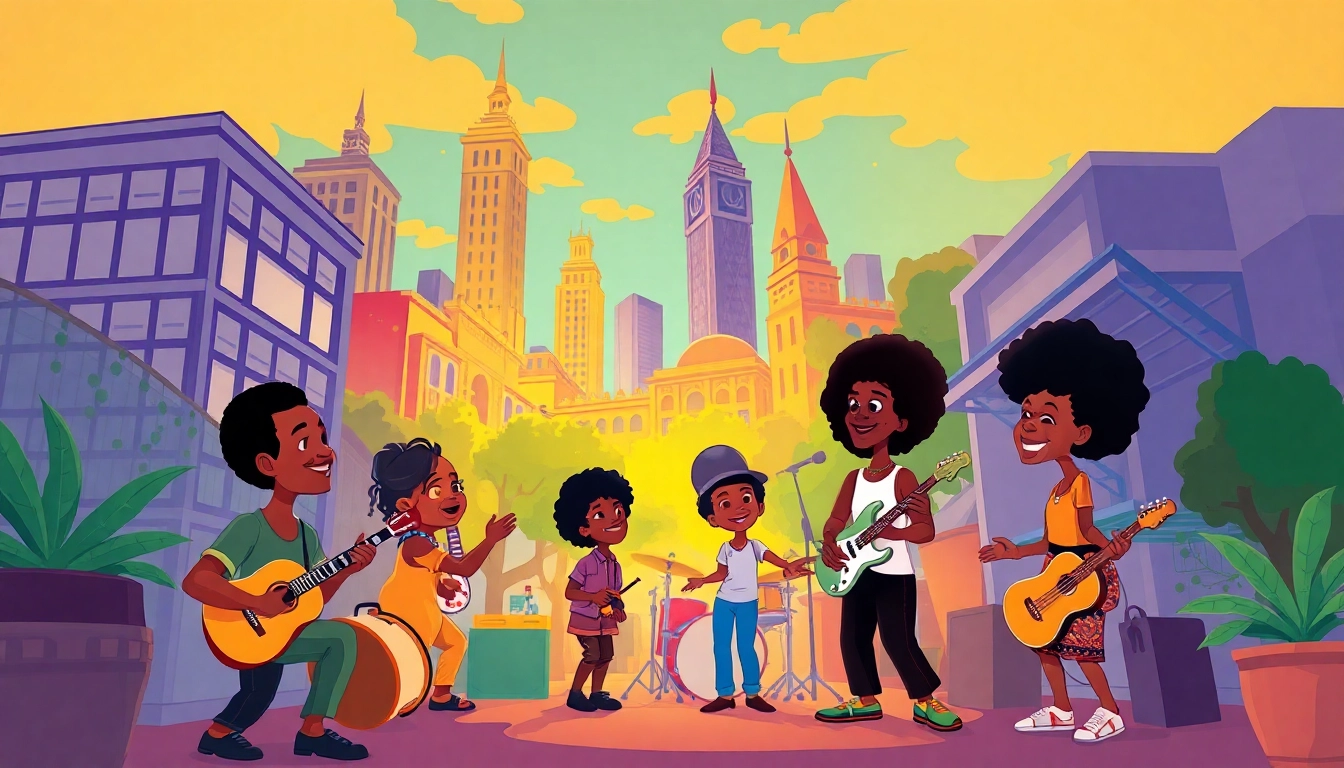 A lively illustration of African American cartoons featuring iconic characters in an urban setting, highlighting cultural themes.